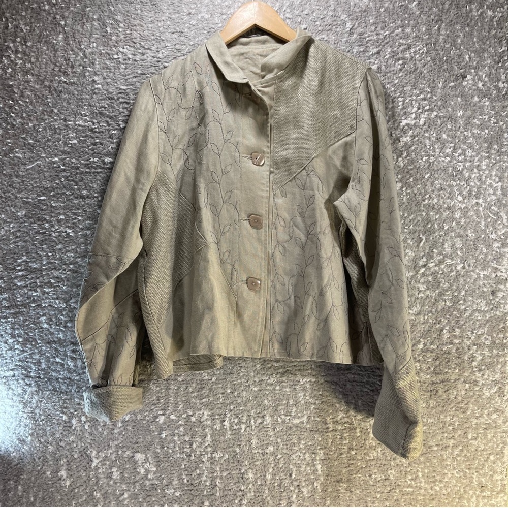 Maralyce Ferree Jacket Women's Medium Brown 100% Linen‎ Button Up Embroidered